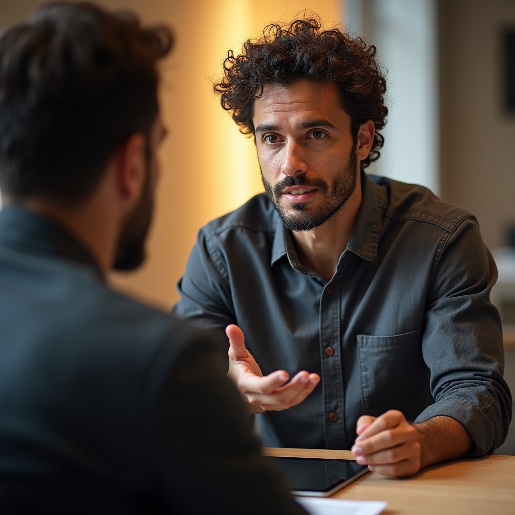 Freelancerin erklärt ihre Dienstleistungen einem potenziellen Auftraggeber